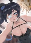  1girl absurdres alternate_costume animal_ear_hairband animal_ears bare_shoulders black_hair black_leotard black_pantyhose blue_eyes blush breasts cabinet chandelier chest_strap cleavage collarbone commentary_request covered_navel crying crying_with_eyes_open eyepatch fake_animal_ears from_below furrowed_brow hairband highres indoors korean_commentary large_breasts leotard long_hair looking_at_viewer medical_eyepatch nukenuke0209 one_eye_covered open_mouth pantyhose playboy_bunny rabbit_ears sidelocks solo strap sweat tears trickcal wavy_mouth xion_(trickcal) 