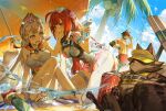  1boy 2girls abs absurdres adjusting_eyewear alice_thymefield alice_thymefield_(sea_of_thyme) animal_ears beach_umbrella black_choker black_hair blonde_hair blush bokyo breasts can choker cleavage coconut_tree commentary day drinking_straw ear-to-ear elbow_pads english_commentary eyewear_on_head gradient-tinted_eyewear green_eyes grin hand_on_another&#039;s_cheek hand_on_another&#039;s_face hand_on_own_hip heart heart-shaped_eyewear heterochromia highres holding holding_water_gun jewelry kneeling komano_manato looking_at_another multicolored_hair multiple_girls muscular muscular_male necklace outdoors palm_tree rabbit_ears rabbit_girl red_eyes red_hair red_shorts sandals shorts sitting smile sphere_hair_ornament spiked_wristband standing sunglasses tanuki thigh_strap tinted_eyewear tree two-tone_hair ukinami_yuzuha ukinami_yuzuha_(tanuki_in_broad_daylight) umbrella water_gun watermark weibo_watermark white_choker wolf_ears yellow_eyes zenless_zone_zero 
