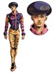 1boy araki_hirohiko_(style) grandguerrilla highres jojo_no_kimyou_na_bouken jojolion long_sleeves looking_at_viewer male_focus multiple_views official_style pants parody parted_lips pompadour shoes simple_background standing style_parody tooru_(jojolion) white_background yellow_eyes yellow_lips yellow_pants 