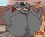 anthro belly belly_hair big_belly bloated bodily_fluids body_hair chest_hair clothing eggo21 elephant elephantid food grey_body grey_skin hand_on_belly happy_trail hat headgear headwear hi_res huge_belly licking licking_lips male mammal mature_male musclegut muscular muscular_male navel outie_navel overweight overweight_male pancake proboscidean saliva solo tongue tongue_out trucker tusks