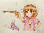  2girls :3 animal_ears brown_hair carrot_necklace dress finger_gun firing floppy_ears highres inaba_tewi jewelry jitome long_hair multiple_girls necklace necktie open_mouth pink_dress purple_hair q-bee_(aaru) rabbit_ears raised_eyebrow red_eyes red_necktie reisen_udongein_inaba rubber_band rubber_band_gun shirt smug star_(symbol) surprised touhou traditional_media white_background white_shirt 