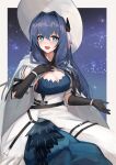  1girl arknights astesia_(arknights) astesia_(starseeker)_(arknights) bangs black_gloves blue_eyes blue_hair border bracelet breasts bright_pupils cleavage commentary_request dress elbow_gloves eyebrows_behind_hair feather_hair gloves hair_between_eyes hair_intakes hat izumi_roka jewelry long_hair medium_breasts official_alternate_costume open_mouth solo starry_background white_border white_headwear 