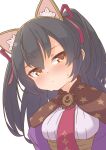  absurdres animal_ear_hairband animal_ears black_hair blush bow breasts brown_capelet capelet cat_ear_hairband cat_ears emil_chronicle_online fake_animal_ears hair_bow hairband highres large_breasts long_hair necktie purple_shirt red_necktie red_ribbon ribbon shirt silver-index sweatdrop syugoma_kanade twintails upper_body white_background yellow_eyes 