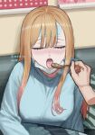  1girl bed blanket blonde_hair blue_sweater blush closed_eyes cold_pack disembodied_hand dot_nose feeding fever food highres holding holding_spoon indoors kitagawa_marin long_sidelocks maruko_tooto mask mask_pull mouth_mask nose_blush on_bed open_mouth raised_inner_eyebrows rice round_teeth sick sidelocks sitting sono_bisque_doll_wa_koi_wo_suru spoon surgical_mask sweater swept_bangs teeth tongue tongue_out under_covers unfinished upper_teeth_only white_mask wooden_spoon 