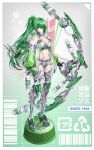  1girl armored_boots bikini bikini_top boots bottle_cap bow breasts cleavage green_eyes green_hair headpiece heirou highres huge_weapon long_hair looking_at_viewer medium_breasts mitsuya_cider ponytail see-through short_shorts shorts soda_bottle solo strap swimsuit weapon 