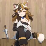  animal_ear_fluff animal_ears black_camisole black_gloves black_hair black_pantyhose brown_eyes brown_hair calico_(pattern) camisole cat_ears cat_girl cat_tail collar commission crossed_ankles cuffs dagger dress elbow_gloves flat_chest gloves grey_eyes hand_on_own_knee heterochromia highres knife kris_(weapon) light_frown long_hair looking_at_viewer montamo739 multicolored_hair original pantyhose shackles single_glove sitting skeb_commission sleeveless sleeveless_dress strap_slip tail thick_eyebrows weapon white_dress white_hair 