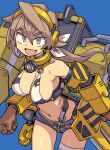  1girl belt bikini blue_shorts breasts brown_gloves brown_hair ciel_dragbucket cleavage commentary commission cosmic_break english_commentary fang gloves hair_between_eyes hair_ribbon headgear headphones highres large_breasts mecha_musume mizuno_(okn66) open_mouth ponytail ribbon short_shorts shorts skeb_commission skin_fang solo swimsuit white_bikini white_ribbon 