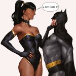  1boy 1girl armpits batman belt black_choker black_leotard blood blood_on_face breasts bruce_wayne choker colored_skin cowl dark-skinned_female dark_skin dc_comics eyelashes filipe_sca fingerless_gloves gloves highres leotard looking_at_another medium_breasts ponytail simple_background smile superwoman tall_female thighs utility_belt white_background white_skin 