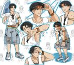  2boys adjusting_eyewear angeal_hewley angeal_hewley_(resort_style) anger_vein angry arm_up armlet armpits belt black_hair blue_eyes blue_outline blue_pants bracelet brown_belt final_fantasy final_fantasy_vii final_fantasy_vii_ever_crisis full_body hair_intakes hand_on_own_head hand_on_own_hip hand_up hands_on_own_knees holding_floatie in_water jewelry leaning_forward light_smile looking_to_the_side male_focus multiple_belts multiple_boys multiple_views necklace official_alternate_costume open_mouth outline pants parted_bangs s_m_man sephiroth sephiroth_(ever_crisis) shirt shoes short_hair smile sparkle splashing standing sunglasses sweat toned toned_male torn_clothes toy_sword unworn_eyewear v-neck wet wet_clothes white_shirt white_shoes 