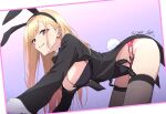  1girl all_fours animal_ear_hairband animal_ears barbell_piercing black_thighhighs blonde_hair blush breasts cleavage closed_mouth detached_collar ear_piercing earrings fake_animal_ears fake_tail garter_straps gyaru hairband highres industrial_piercing jewelry kitagawa_marin large_breasts long_hair looking_at_viewer nii_manabu panties piercing pink_panties playboy_bunny rabbit_ear_hairband rabbit_ears rabbit_tail red_eyes smile solo sono_bisque_doll_wa_koi_wo_suru tail thighhighs underwear 