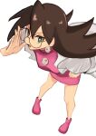  1girl adjusting_eyewear brown_hair coat dress earrings glasses highres jewelry lab_coat long_hair mega_man_(series) mega_man_legends_(series) pink_dress round_eyewear simple_background skull_brooch skull_earrings solo tikuwabu_33 tron_bonne_(mega_man) white_background white_coat 