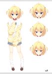  1girl :&lt; :d :q absurdres ahoge bandaid bandaid_on_knee bandaid_on_leg belt_collar blonde_hair blue_eyes blush bow bowtie brown_shoes clenched_hand closed_mouth collar collared_shirt eyes_visible_through_hair fang frown full_body grey_bow grey_bowtie grey_skirt hair_between_eyes hand_up happy highres jacket jitome kneehighs licking_lips loafers looking_at_viewer loose_socks medium_hair miniskirt multiple_expressions open_clothes open_jacket open_mouth original plaid_bow plaid_bowtie plaid_clothes plaid_skirt pleated_skirt shirt shoes signature simple_background skin_fang skirt sleeves_past_fingers sleeves_past_wrists smile socks solo standing tongue tongue_out track_jacket two_side_up v-shaped_eyebrows white_background white_shirt white_socks yellow_jacket yuan63901 zipper 