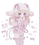  1girl animal_ears beanie belt blunt_bangs bow closed_mouth colored_inner_hair cowboy_shot drill_hair fake_animal_ears floppy_ears frills furrowed_brow hair_down hands_on_own_chin hat hat_bow heart highres jacket kuma_kubo3 leg_tattoo long_hair looking_at_viewer loose_belt makaino_ririmu multicolored_hair name_tag nijisanji official_alternate_costume official_alternate_hairstyle pants pink_belt pink_hair pink_jacket pink_ribbon pink_shorts pink_thighhighs pink_wings pointy_ears rabbit_ears red_eyes ribbon short_shorts shorts sidelocks simple_background smile standing streaked_hair stuffed_animal stuffed_toy tattoo thighhighs track_jacket track_pants virtual_youtuber white_background white_belt winged_heart_tattoo wings 
