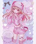  1girl animal_ears beanie belt blunt_bangs blush bow buckle chest_harness clothes_writing colored_inner_hair cropped_jacket cropped_legs drill_hair fake_animal_ears floppy_ears four-finger_heart_hands frills gradient_background hair_down harness hat hat_bow heart heart-shaped_buckle heart_hands highres jacket leg_tattoo long_hair looking_at_viewer loose_belt makaino_ririmu midriff multicolored_hair name_tag navel nijisanji official_alternate_costume official_alternate_hairstyle pants pink_belt pink_hair pink_jacket pink_ribbon pink_shorts pink_thighhighs plaid_background pointy_ears rabbit_ears red_eyes ribbon short_shorts shorts sidelocks sleeves_past_wrists smile streaked_hair stuffed_animal stuffed_toy tattoo thighhighs tk57_gnsn track_jacket track_pants twitter_username virtual_youtuber watermark white_belt white_wings winged_heart_tattoo wings 