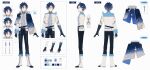  1boy ^_^ absurdres bangs black_gloves black_pants blue_capelet blue_eyes blue_hair boots capelet character_sheet closed_eyes fingerless_gloves gloves hair_behind_ear highres indie_virtual_youtuber issei_kai jacket male_focus multiple_views o-ishi official_art open_hand pants partially_fingerless_gloves second-party_source single_fingerless_glove smile virtual_youtuber white_footwear white_jacket 