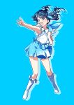  1girl bare_arms black_hair blouse blue_background blue_ribbon blue_sailor_collar blue_skirt boots brown_eyes commentary_request fang fukumaru_koito full_body hair_ribbon highres idolmaster idolmaster_shiny_colors knee_boots miniskirt open_mouth pleated_skirt reaching_out ribbon sailor_collar sailor_shirt shirt skin_fang skirt sleeveless_blouse solo susugi_(sg01) twintails white_footwear wind 