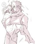  1boy 1girl blush breasts carrying closed_mouth commentary_request couple cyrene_(honkai:_star_rail) dress greyscale hair_ornament heart hetero highres honkai:_star_rail honkai_(series) monochrome muscular muscular_male open_mouth pants phainon_(honkai:_star_rail) princess_carry puricha shirt short_hair sleeveless sleeveless_shirt small_breasts smile spoken_heart 