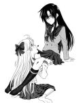  aino_minako bishoujo_senshi_sailor_moon biting black_hair blush bow greyscale hair_bow heart hino_rei monochrome non-web_source school_uniform skirt thighs 