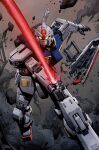  artist_request battle damaged debris duel dust_cloud glowing glowing_eyes gundam highres machinery mecha mecha_focus mobile_suit mobile_suit_gundam no_humans robot ruins rx-78-2_gundam scan science_fiction shield smoke traditional_media v-fin weapon western_comics_(style) yellow_eyes 