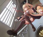  1girl black_legwear blonde_hair blue_eyes breasts brown_footwear brown_jacket brown_skirt chandelier chibi closed_mouth falling from_below full_body garter_straps hair_ornament highres holding holding_magnifying_glass holding_syringe hololive hololive_english holster indoors jacket legs looking_at_viewer looking_down magnifying_glass medium_breasts necktie pleated_skirt red_necktie shirt shoelaces shoes short_hair skirt smile smol_ame solo stairs syringe thigh_holster thighhighs thighs tongue tongue_out virtual_youtuber watson_amelia white_shirt window zeng$_(zwj) zettai_ryouiki 