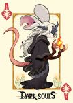  1girl ace_(playing_card) animal_ears arms_up black_robe caicai_(pixiv_19839901) candle card closed_mouth commentary_request copyright_name dark_souls_(series) dark_souls_iii fire_keeper full_body furrification furry furry_female highres holding_flame mouse_ears mouse_girl playing_card robe snout solo standing tail 