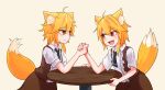  2girls ahoge animal_ear_fluff animal_ears arm_wrestling asymmetrical_hair bangs black_necktie blonde_hair blush brown_eyes brown_skirt brown_vest collared_shirt commentary_request cookie_(touhou) cowboy_shot dual_persona eyebrows_visible_through_hair fang fox_ears fox_girl fox_tail looking_at_another medium_hair miramikaru_riran multiple_girls necktie open_mouth shirt short_sleeves sidelocks simple_background skirt tail vest wavy_mouth white_shirt yan_pai yellow_background 