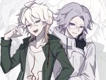  2boys aotsuki_eito arm_up black_gloves chinese_commentary collarbone creator_connection crossover danganronpa_(series) danganronpa_2:_goodbye_despair glasses gloves green_eyes green_jacket grey_hair grin hair_between_eyes hand_up highres hood jacket komaeda_nagito long_sleeves looking_at_viewer male_focus messy_hair multiple_boys open_clothes open_jacket purple_eyes shirt short_hair smile the_hundred_line_-last_defense_academy- upper_body weic1217 white_hair white_jacket white_shirt zoom_layer 