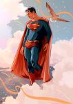  1boy animal belt bird black_hair blue_bodysuit bodysuit boots briefs cape cloud commentary dc_comics floating flying full_body highres looking_down male_focus male_underwear noahdeaart red_boots red_cape short_hair sky smile solo superhero_costume superman superman_(series) superman_logo symbol-only_commentary underwear yellow_belt 