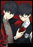  2boys absurdres amamiya_ren black-framed_eyewear black_border black_coat black_hair black_jacket blazer border breast_pocket buttons calling_card card cellphone closed_mouth coat dual_persona gloves grey_eyes hand_on_another&#039;s_shoulder highres holding holding_card holding_phone jacket joker_(persona_5) looking_at_viewer male_focus mnce_o multiple_boys outside_border parted_lips persona persona_5 phone pocket red_background red_gloves school_uniform shirt short_hair shuujin_academy_school_uniform smartphone smile turtleneck turtleneck_shirt upper_body very_short_hair white_shirt 