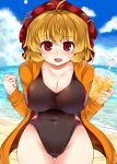  1girl :d ahoge aki_minoriko bangs beach black_swimsuit blonde_hair blue_sky breasts cameltoe cleavage cloud cowboy_shot cup day eyebrows_visible_through_hair food fruit groin holding holding_cup horizon large_breasts looking_at_viewer navel ocean one-piece_swimsuit open_clothes open_mouth orange_(fruit) outdoors red_eyes red_headwear short_hair sky smile solo standing sun swimsuit touhou zetsumame 