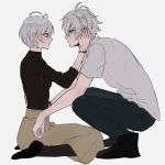  1boy 1girl ankle_boots antenna_hair aohitsugi_nemu aohitsugi_samatoki bead_bracelet beads black_shoes black_sweater bob_cut boots bracelet breasts brother_and_sister brown_skirt collared_shirt denim elbows_on_knees eye_contact eyelashes face-to-face from_side full_body hair_between_eyes hands_on_another&#039;s_face highres hypnosis_mic jeans jewelry light_blush loafers long_skirt looking_at_another medium_breasts pants pantyhose profile red_eyes ribbed_sweater serious shirt shoes short_hair short_sleeves siblings simple_background sitting skirt squatting suspender_skirt suspenders sweater three-quarter_sleeves turtleneck v-shaped_eyebrows wariza white_background white_hair white_shirt zy_(dondokodo-mu) 
