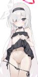  1girl absurdres alternate_costume ass_visible_through_thighs bikini bikini_bottom_pull black_bikini black_choker black_hairband black_skirt blue_archive bow_hairband braid breasts choker cleft_of_venus closed_mouth clothes_lift collarbone commentary_request cowboy_shot dot_nose expressionless frilled_bikini_top grey_eyes hair_over_one_eye hairband halo highres lifting_own_clothes long_hair looking_to_the_side navel one_eye_covered plana_(blue_archive) pleated_skirt pussy pussy_juice red_halo side-tie_bikini_bottom side_braid simple_background single_braid skirt skirt_lift small_breasts solo standing string_bikini swimsuit user_gkwj5825 very_long_hair white_background white_hair 