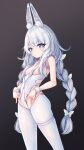  +_+ 1girl animal_ear_fluff animal_ears azur_lane bare_shoulders blue_eyes braid breast_curtains breastless_clothes breasts butterfly_hair_ornament closed_mouth commentary_request crotchless crotchless_pantyhose dark_background fake_animal_ears feet_out_of_frame gradient gradient_background hair_ornament hairband highres le_malin_(azur_lane) le_malin_(listless_lapin)_(azur_lane) leotard long_hair looking_at_viewer md5_mismatch official_alternate_costume pantyhose playboy_bunny rabbit_ears silver_hair small_breasts solo standing thigh_strap twin_braids wakaba_(945599620) white_hairband white_legwear white_leotard wrist_cuffs 