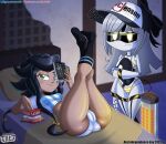 absurd_res accessory bikini black_hair breasts butt camel_toe clothed clothing crackers_in_bed_pose digital_media_(artwork) disassembly_drone duo female fingers freckles glitch_productions green_eyes grey_hair hair hat hazard_stripes headgear headwear hi_res human humanoid independence_day_(argentina) j_(murder_drones) jackintaro looking_at_viewer machine mammal murder_drones not_furry panties ribbons robot robot_humanoid screen screen_face smile soccer_uniform sportswear swimwear tail tailed_humanoid tessa_elliott two-piece_swimsuit underwear uniform white_body yellow_eyes