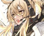  1girl absurdres animal_ears arknights armor blonde_hair blood blood_on_clothes blood_on_face commentary_request hair_between_eyes headset highres horse_ears horse_girl horse_tail implied_extra_ears long_hair looking_ahead nearl_(arknights) open_mouth ponytail raw_egg_lent scratches simple_background solo tail upper_body white_background yellow_eyes 