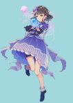  1girl absurdres birthday black_hair cerise_bouquet commentary earrings full_body gloves green_eyes highres jellyfish jewelry link!_like!_love_live! love_live! macken666 momose_ginko short_hair simple_background solo_focus virtual_youtuber 
