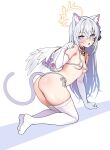  1girl angel_wings animal_ear_fluff animal_ears ass azusa_(blue_archive) bell blue_archive blush bow_on_wing bra breasts cat_ears cat_tail collar crescent_halo elbow_gloves feathered_wings flower gloves hair_between_eyes halo highres long_hair looking_at_viewer low_wings no_shoes panties paw_pose purple_flower rong_hui side-tie_panties small_breasts solo tail thighhighs underwear white_bra white_gloves white_hair white_panties white_thighhighs white_wings wing_ornament wings yellow_halo 