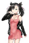  1girl asymmetrical_bangs black_choker black_hair black_jacket black_yu breasts choker cleavage collarbone commentary_request covered_navel cowboy_shot dress earrings hand_up highres holding holding_poke_ball jacket jewelry marnie_(pokemon) pink_dress poke_ball poke_ball_(basic) pokemon pokemon_swsh simple_background single_bare_shoulder small_breasts solo stud_earrings twintails undercut white_background 