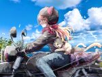  1girl alheitrakzoth animal_ear_fluff animal_ears_helmet animal_helmet black_gloves blonde_hair cat_girl cat_helmet cat_tail facial_mark gloves helmet highres indie_virtual_youtuber jacket long_hair motor_vehicle motorcycle motorcycle_helmet multicolored_hair on_motorcycle pokatto_(squchan) purple_hair red_eyes second-party_source shyrei_faolan tail two-tone_hair u_da_desu virtual_youtuber whisker_markings 