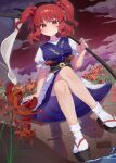  1girl breasts chinese_commentary closed_mouth coin coin_on_string commentary_request crossed_legs flower hair_bobbles hair_ornament highres holding holding_scythe kitahara_(pixiv_19528441) looking_at_viewer obi obidome okobo onozuka_komachi platform_sandals puffy_short_sleeves puffy_sleeves red_eyes red_flower red_hair red_spider_lily sandals sash scythe short_sleeves sitting socks solo tabi touhou two_side_up water white_socks 