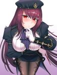  1girl absurdres arm_under_breasts artist_name black_dress black_pantyhose breasts cheocolate closed_mouth dress eyebrows_hidden_by_hair eyelashes_through_hair fate/grand_order fate_(series) gloves hand_on_own_chin highres large_breasts long_hair looking_at_viewer military_uniform neckerchief official_alternate_costume pantyhose puffy_sleeves purple_hair purple_neckerchief red_eyes scathach_(fate) scathach_(fgo_fes._2025)_(fate) signature solo standing thighs very_long_hair white_background white_gloves 