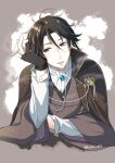  1boy akutagawa_ryuunosuke_(bungou_to_alchemist) antenna_hair ascot black_gloves black_hair blue_eyes brooch brown_cape brown_kimono bungou_to_alchemist buttoned_cuffs buttons cape cigarette cropped_torso elbow_rest fingerless_gloves gears gloves grey_background hair_between_eyes holding holding_cigarette ichii_(ichii_00) japanese_clothes jewelry kimono lapel_pin long_sleeves looking_at_viewer male_focus open_mouth shirt smoke solo splatter_background sweater_guard white_ascot white_shirt 