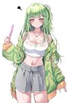  1girl absurdres breasts cleavage food green_hair green_jacket grey_shorts hair_between_eyes highres holding holding_food holding_popsicle jacket jewelry large_breasts lds_(dstwins97) long_hair looking_at_viewer melting_popsicle midriff multicolored_eyes navel necklace one_side_up open_clothes open_jacket popsicle shorts simple_background solo standing stellive virtual_youtuber white_background yuzuha_riko 