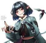  1girl :d animal_ears artist_name black_gloves black_hair black_necktie breasts fingerless_gloves gloves green_eyes green_jacket grin highres jacket jane_doe_(zenless_zone_zero) knife large_breasts long_sleeves looking_at_viewer necktie red_nails short_hair simple_background smile solo tail teeth upper_body white_background xorbis zenless_zone_zero 