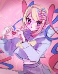  1girl :o blonde_hair blue_eyes blue_hair blue_serafuku blush bow chest_bow chouzetsusaikawa_tenshi-chan colored_tips cowboy_shot floating_clothes hair_bow heart heart_hands heart_in_heart_hands highres looking_at_viewer midriff multicolored_hair multiple_hair_bows needy_girl_overdose osakana_tarou_(sakana0_03) pink_background pink_hair quad_tails school_uniform serafuku solo wind 