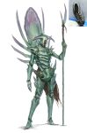  1other commentary creature_and_personification english_commentary full_body highres holding holding_polearm holding_weapon horns joints one-eyed original personification photo_inset polearm simple_background standing trilobite tu_tka weapon white_background 