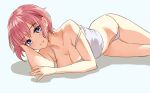  1girl bare_arms bare_shoulders blue_eyes breasts camisole cleavage commentary feet_out_of_frame go-toubun_no_hanayome grey_background grin head_rest highres kibiko_(cheeks) looking_at_viewer lying medium_breasts nakano_ichika no_pants on_side panties pink_hair short_hair smile solo strap_slip underwear white_camisole white_panties 