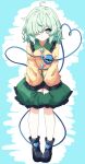  1girl absurdres black_boots blue_background boots buttons closed_mouth collared_shirt commentary_request diamond_button eyeball frilled_shirt_collar frilled_sleeves frills green_eyes green_hair green_skirt hair_over_one_eye heart heart_of_string highres komeiji_koishi long_hair long_sleeves looking_at_viewer no_headwear pioartstuff shirt skirt solo third_eye touhou white_background wide_sleeves yellow_shirt 