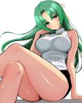 1girl bare_shoulders breasts closed_mouth crossed_legs curtained_hair green_eyes green_hair highres higurashi_no_naku_koro_ni large_breasts long_hair looking_at_viewer simple_background sitting sleeveless sleeveless_sweater smile solo sonozaki_shion sweater white_background white_sweater yuno_ff 