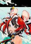  1girl absurdres animal_ears black_hair blue_eyes blue_sky collar giaggiolo hakos_baelz hand_on_own_chin highres hololive hololive_english mouse_ears mouse_girl mousetrap red_hair sky spiked_collar spikes virtual_youtuber 